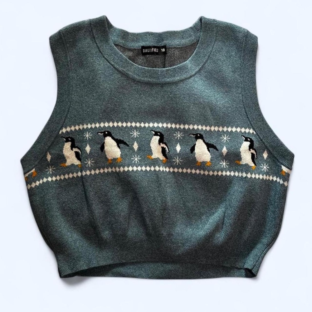 Dangerfield Penguin Winter Sweater Vest Womens 18 Blue Knit Holiday Y2K Vintage